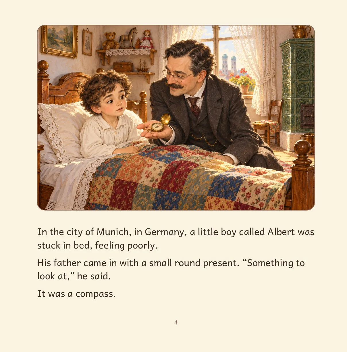 Inside page: Albert, sick in bed, is given a small compass by his father