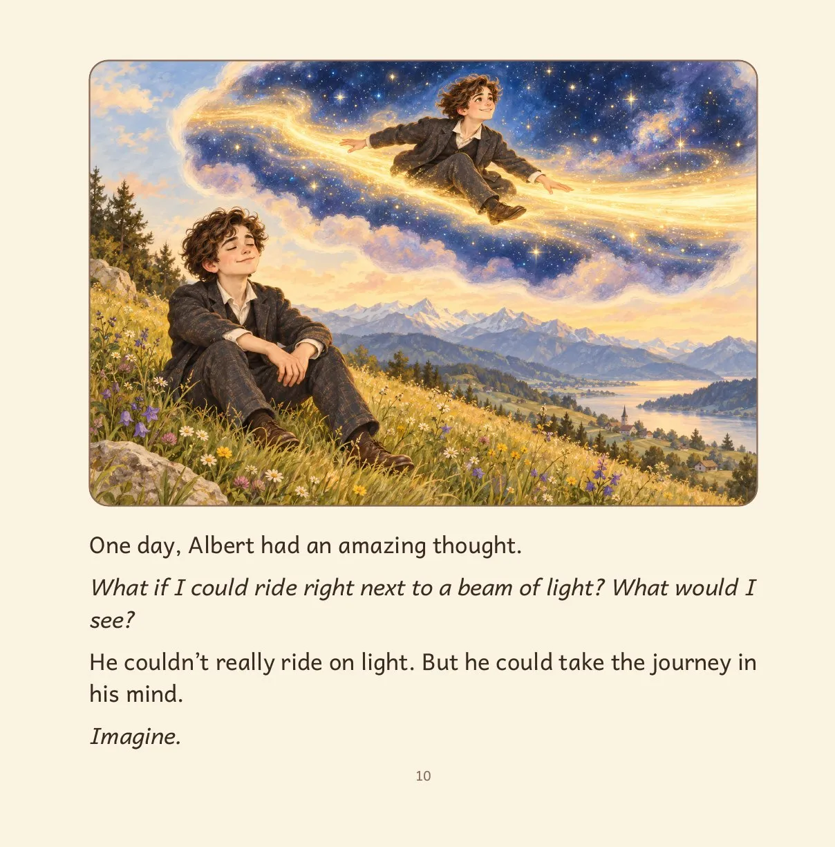 Inside page: Albert imagines riding beside a beam of light above the hills