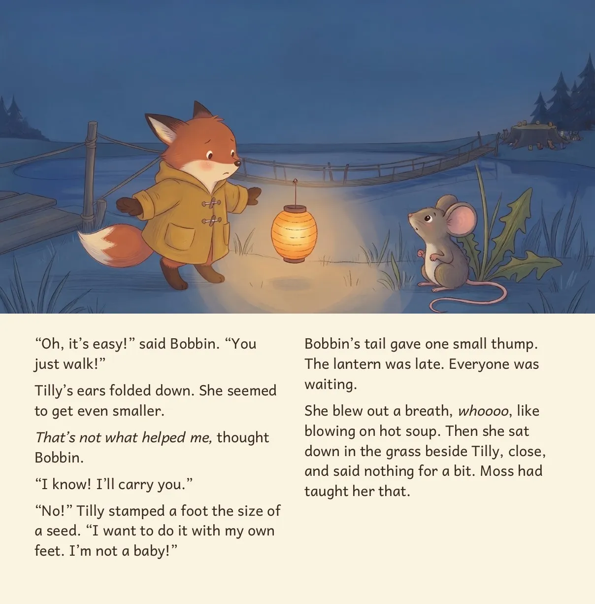 Inside page: Bobbin sits beside little Tilly the mouse, holding a lantern by the bridge