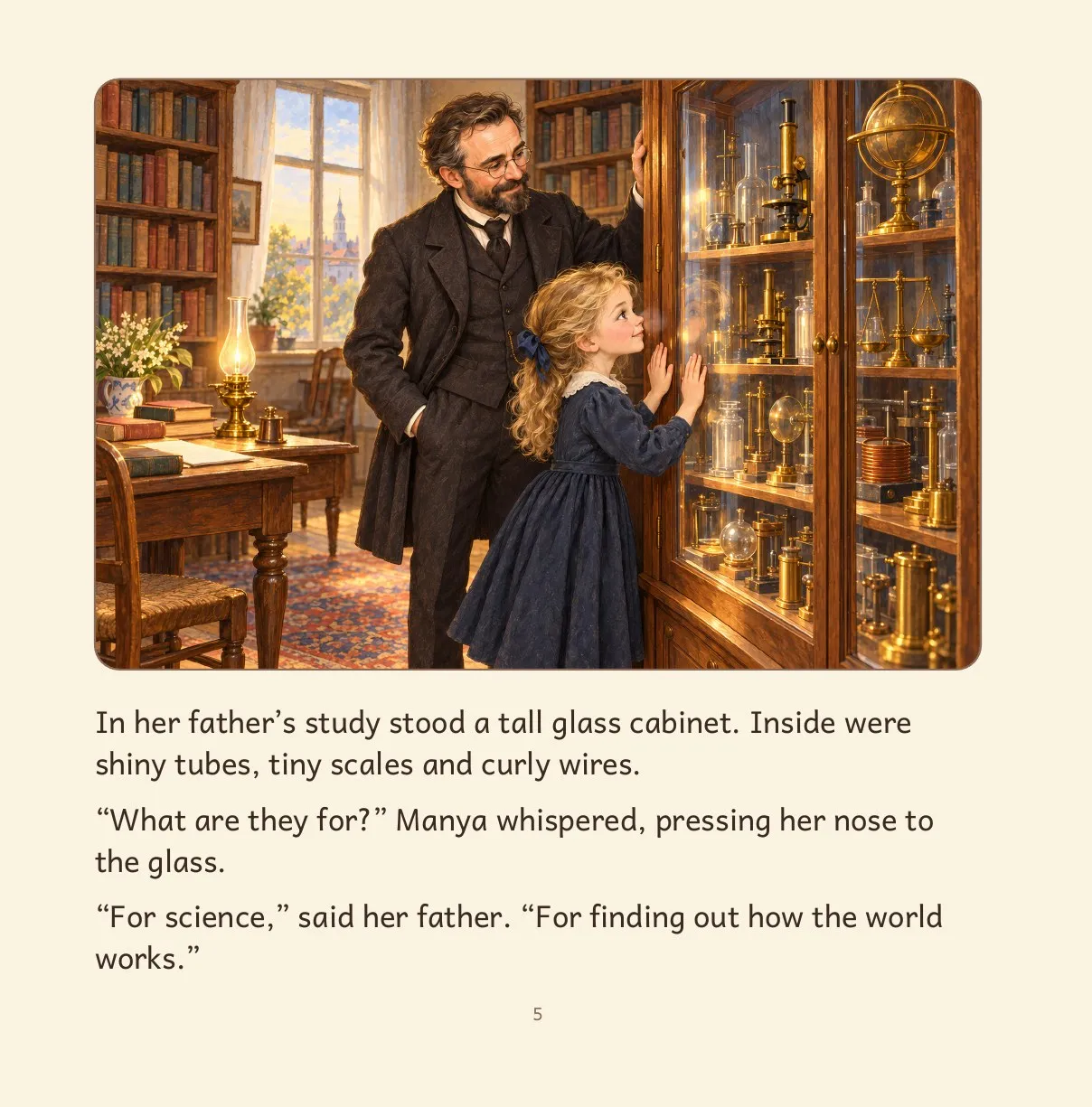 Inside page: Manya presses her nose to her father’s glass cabinet full of science instruments
