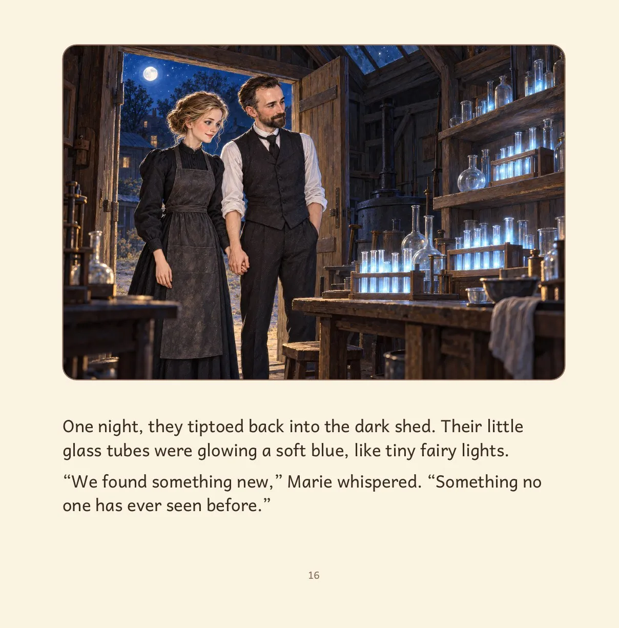 Inside page: Marie and Pierre see their little glass tubes glowing softly blue in the dark shed